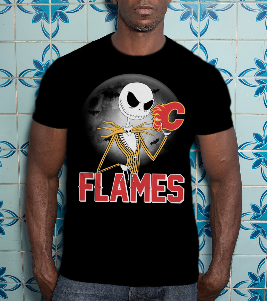 Jack Skellington Flames Halloween Calgary Hockey Crossover T-Shirt