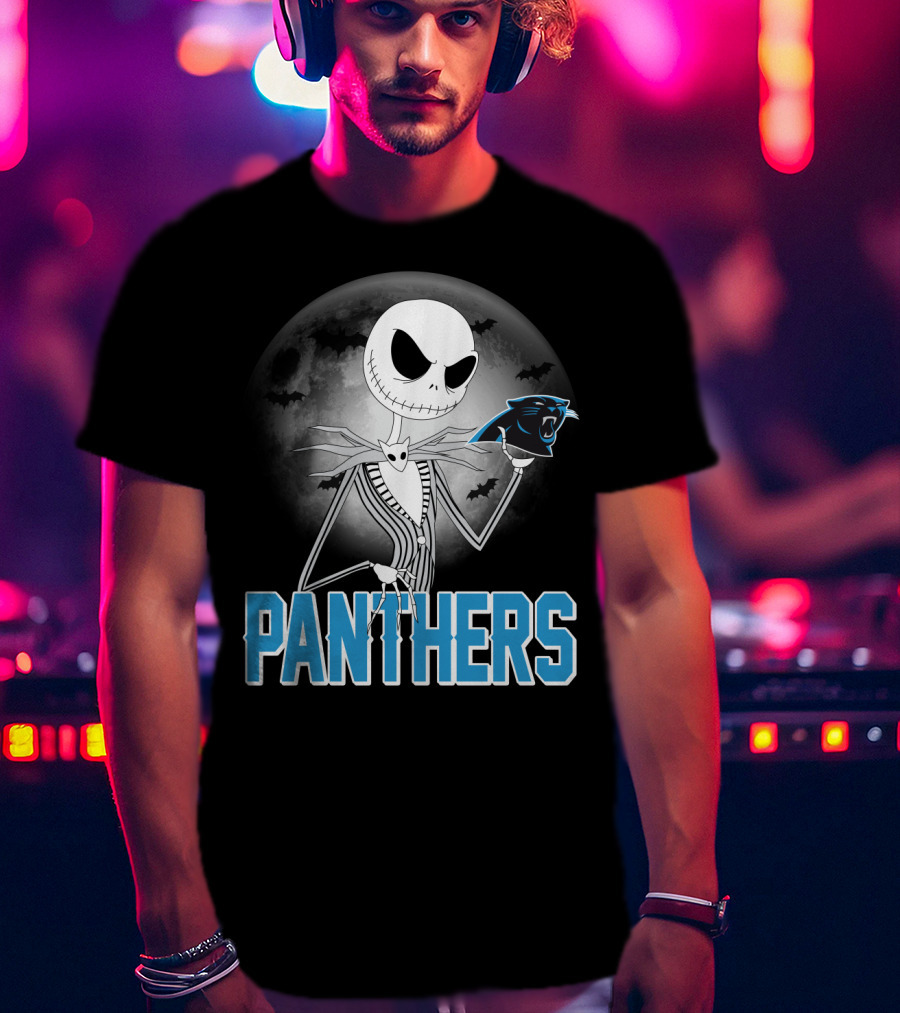 Jack Skellington Panthers Halloween Carolina Panthers Logo Moon Bats T-Shirt