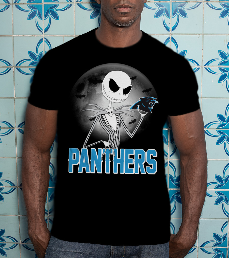 Jack Skellington Panthers Halloween Carolina Panthers Logo Moon Bats T-Shirt