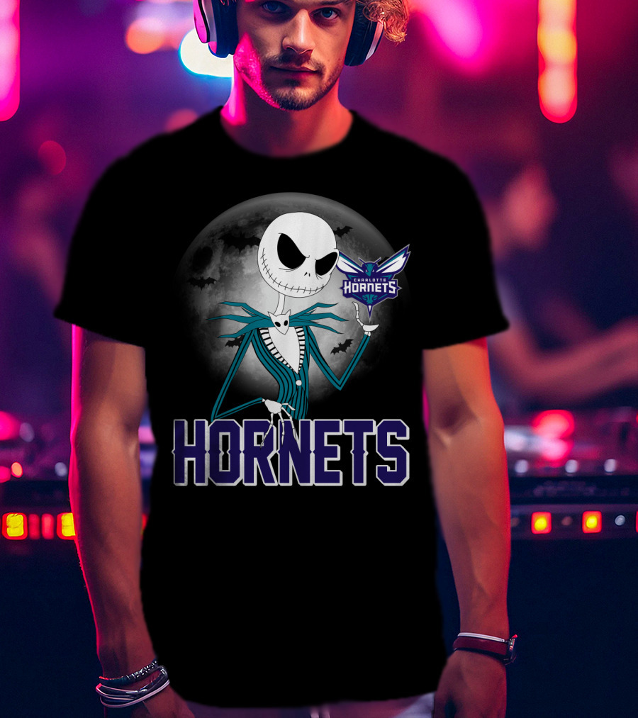 Jack Skellington Halloween Charlotte Hornets Moon Bats T-Shirt