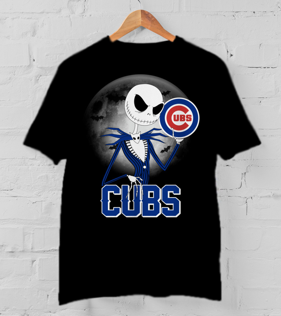 Jack Skellington Halloween Cubs Logo Fans With Full Moon And Bats T-Shirt