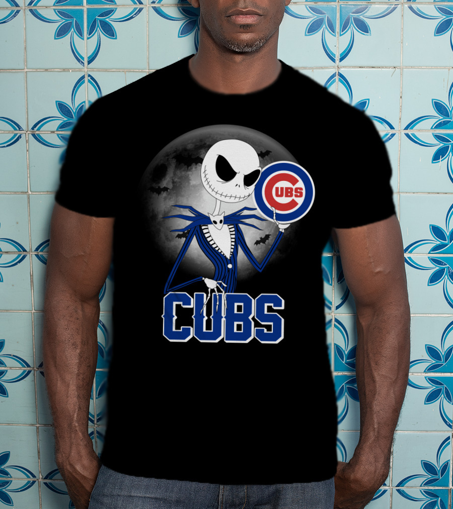 Jack Skellington Halloween Cubs Logo Fans With Full Moon And Bats T-Shirt