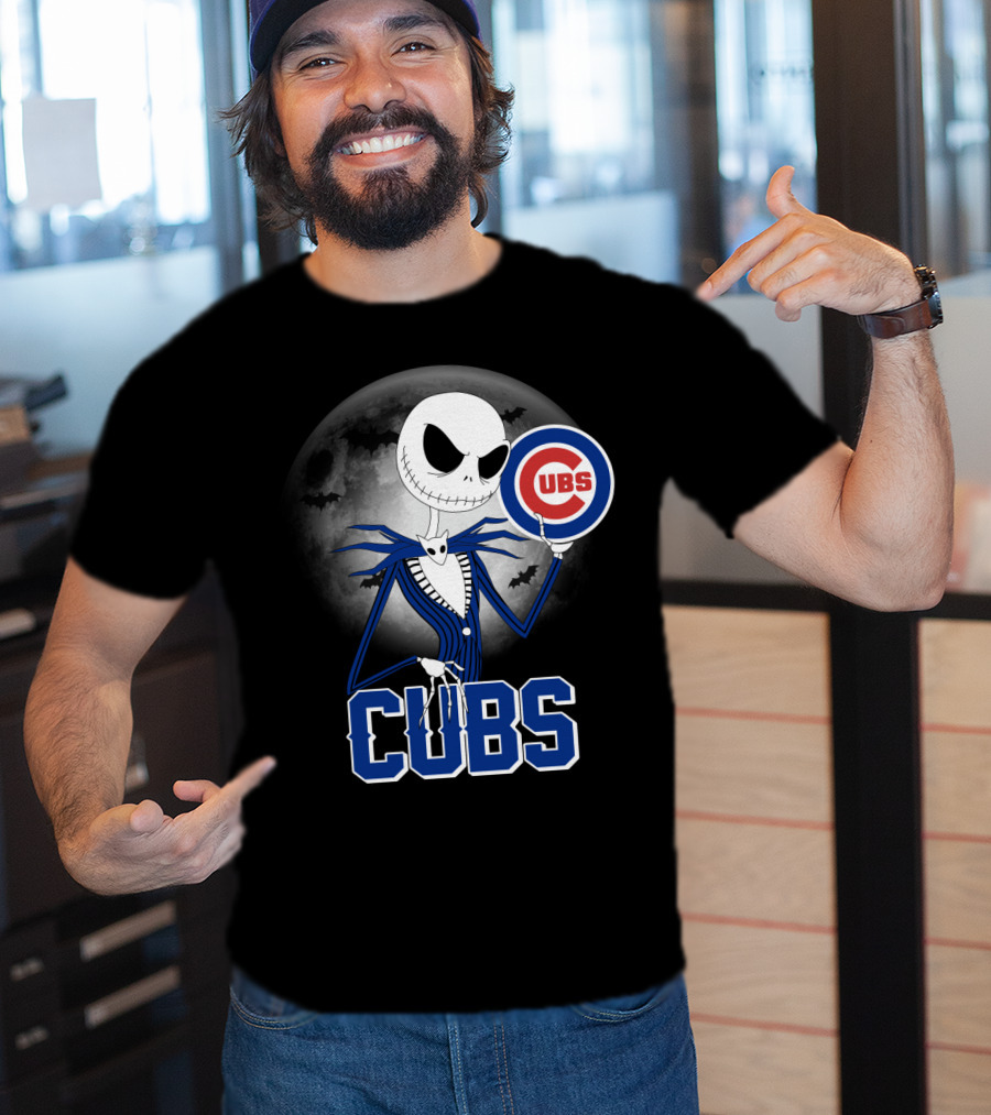 Jack Skellington Halloween Cubs Logo Fans With Full Moon And Bats T-Shirt