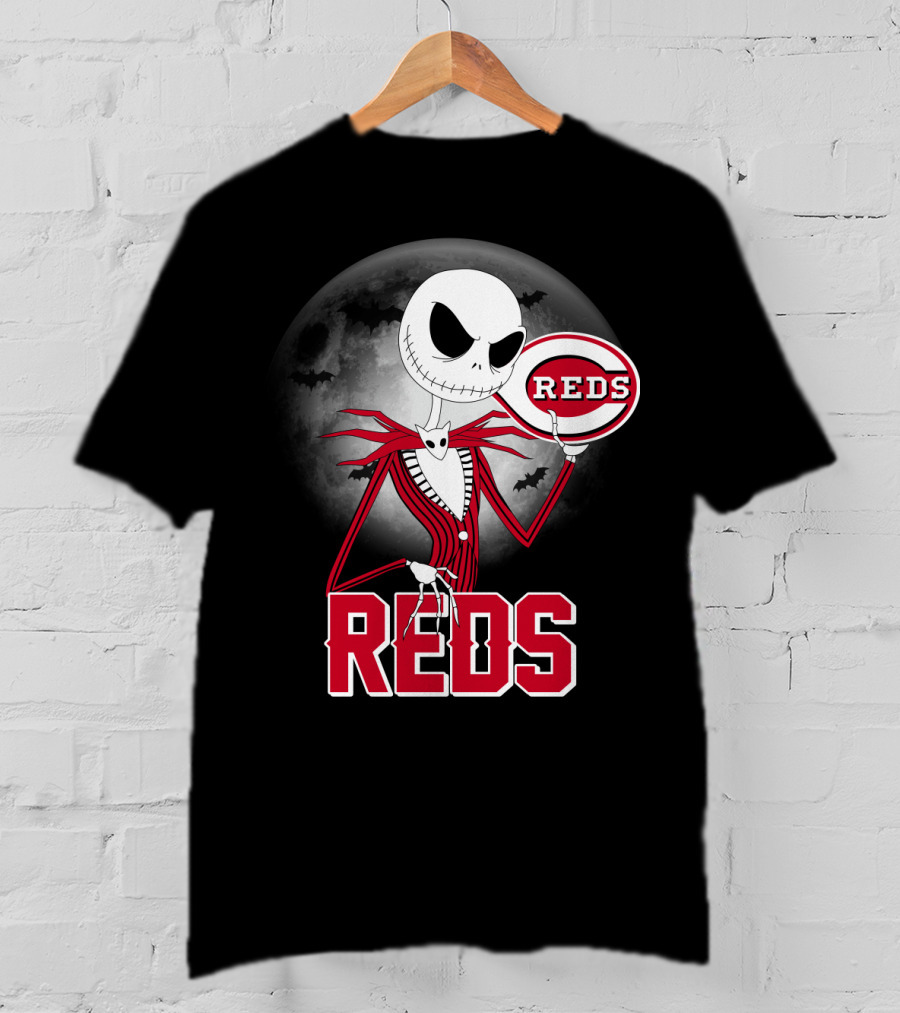 Jack Skellington With Cincinnati Reds Logo Halloween T-Shirt