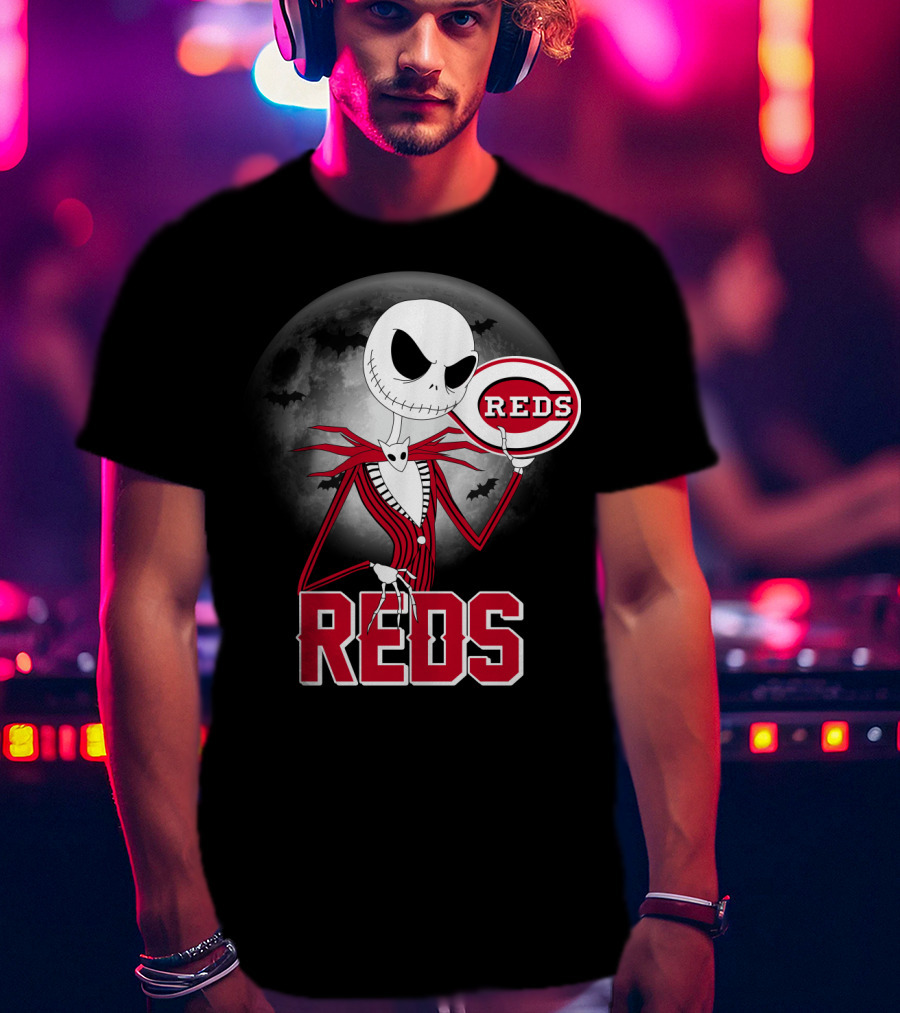 Jack Skellington With Cincinnati Reds Logo Halloween T-Shirt