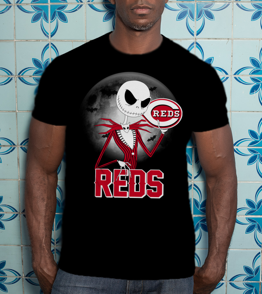 Jack Skellington With Cincinnati Reds Logo Halloween T-Shirt