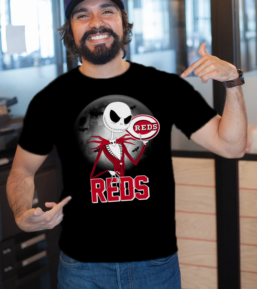 Jack Skellington With Cincinnati Reds Logo Halloween T-Shirt