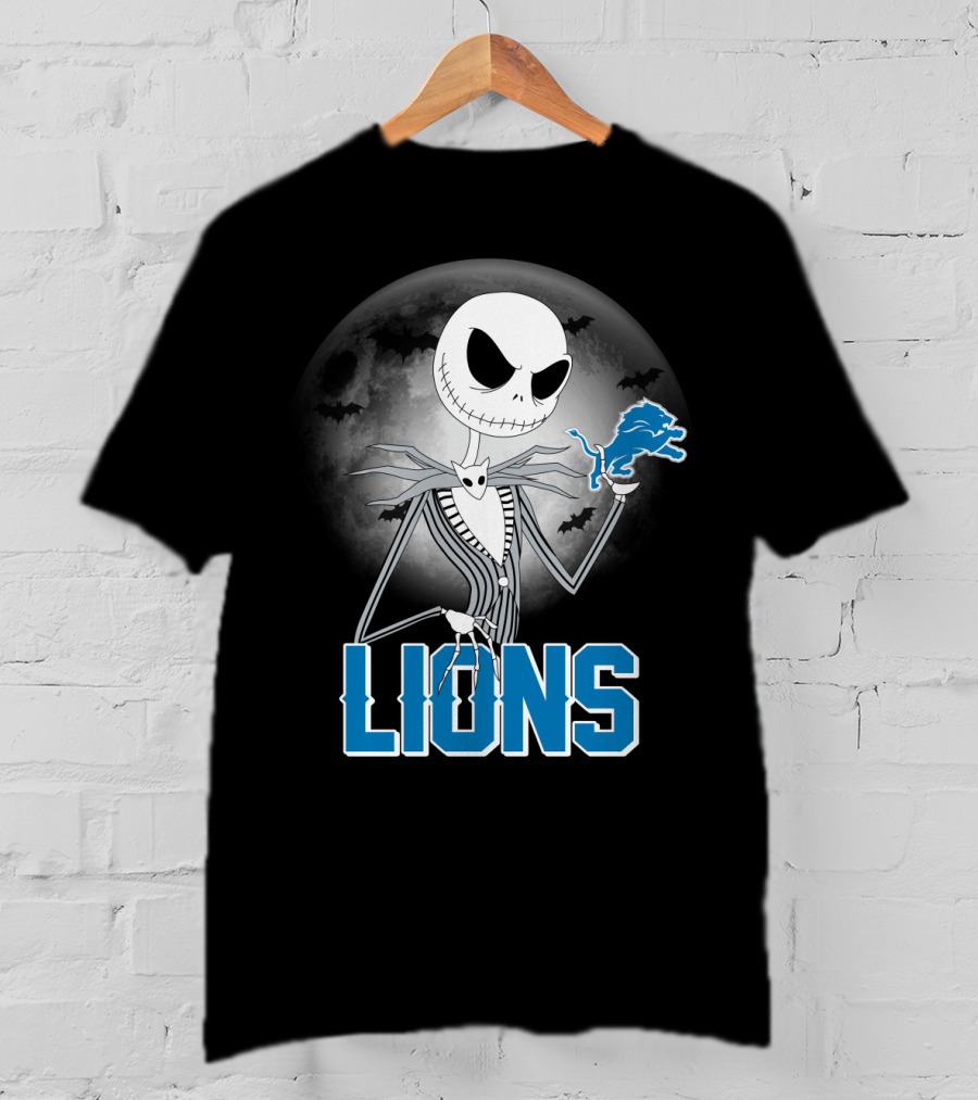Jack Skellington Detroit Lions Halloween Night Full Moon Bats T-Shirt