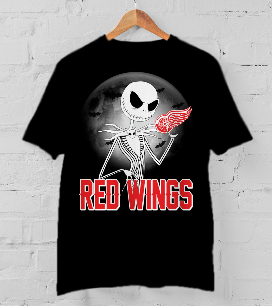 Jack Skellington Holding Detroit Red Wings Symbol In Halloween Moonlit Scene T-Shirt