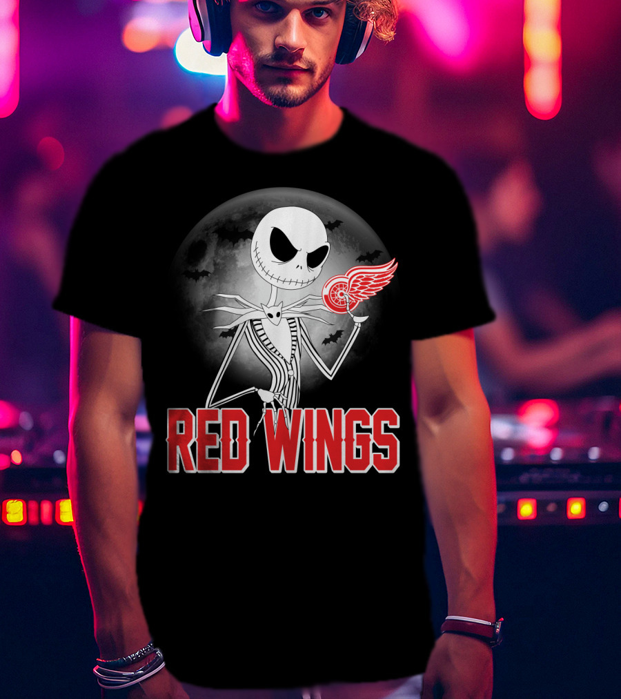 Jack Skellington Holding Detroit Red Wings Symbol In Halloween Moonlit Scene T-Shirt