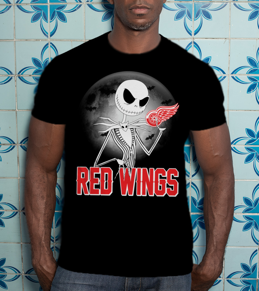Jack Skellington Holding Detroit Red Wings Symbol In Halloween Moonlit Scene T-Shirt