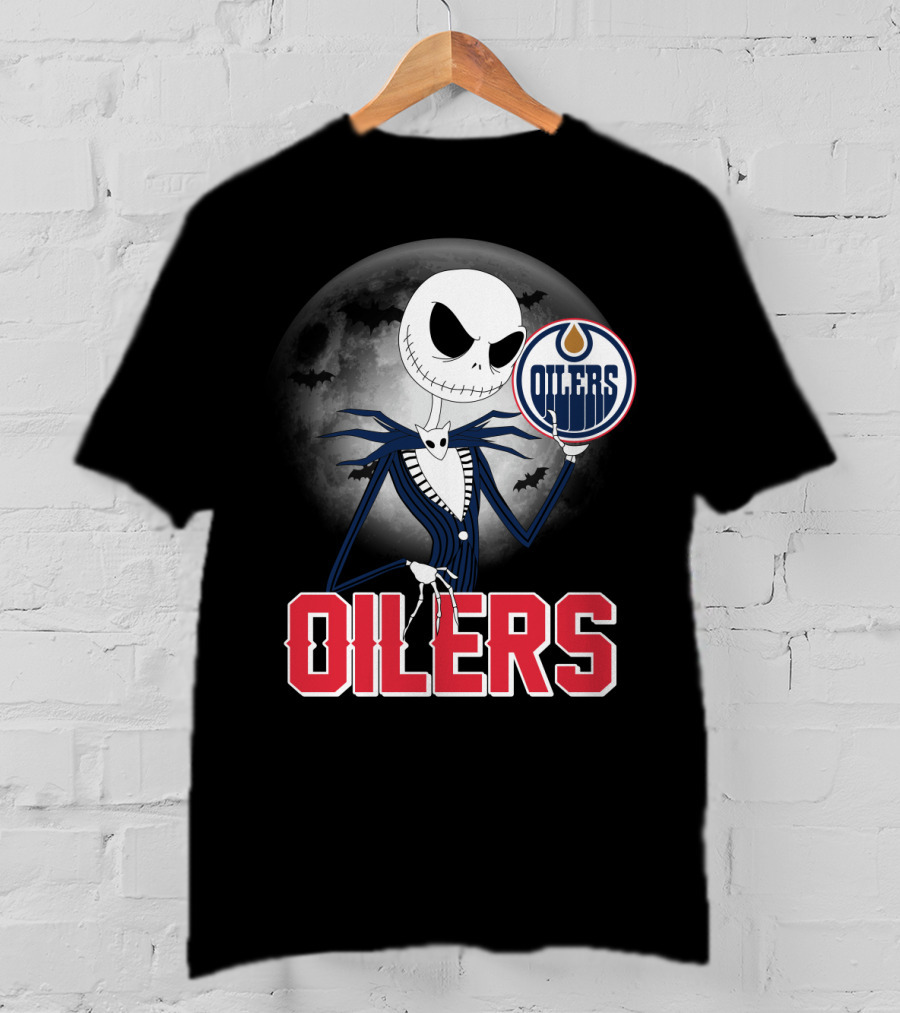 Jack Skellington Edmonton Oilers Halloween Moon Background T-Shirt