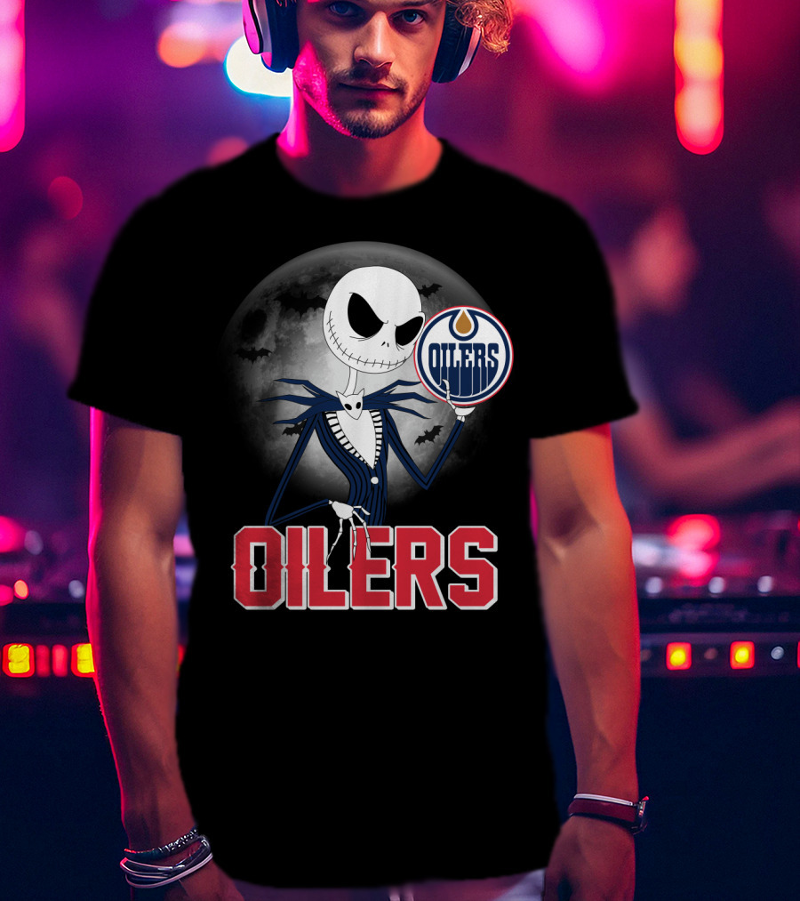 Jack Skellington Edmonton Oilers Halloween Moon Background T-Shirt