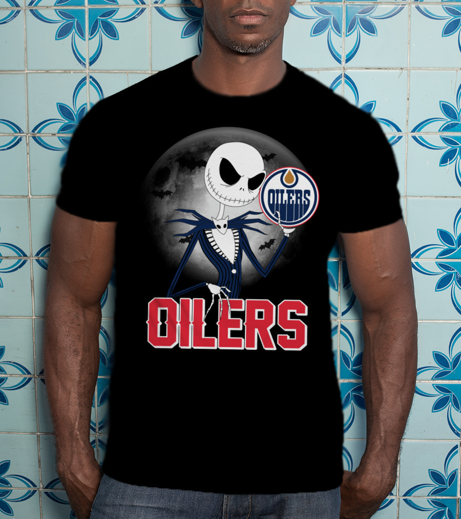 Jack Skellington Edmonton Oilers Halloween Moon Background T-Shirt