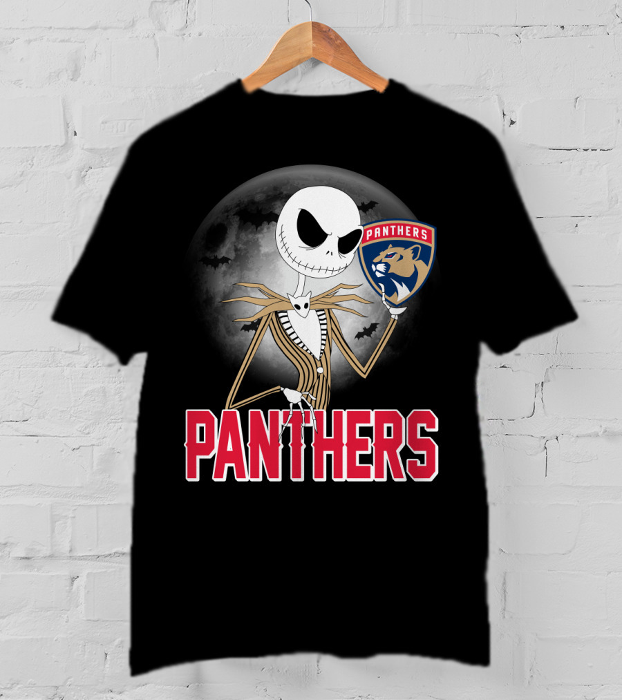 Jack Skellington Holding Florida Panthers Logo Halloween Moon Background T-Shirt