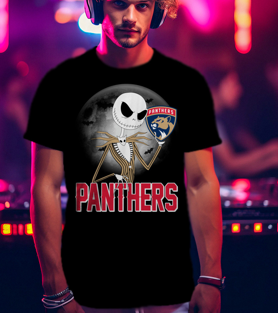 Jack Skellington Holding Florida Panthers Logo Halloween Moon Background T-Shirt