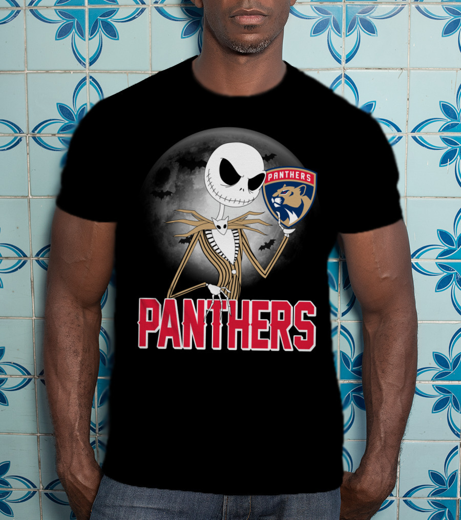 Jack Skellington Holding Florida Panthers Logo Halloween Moon Background T-Shirt