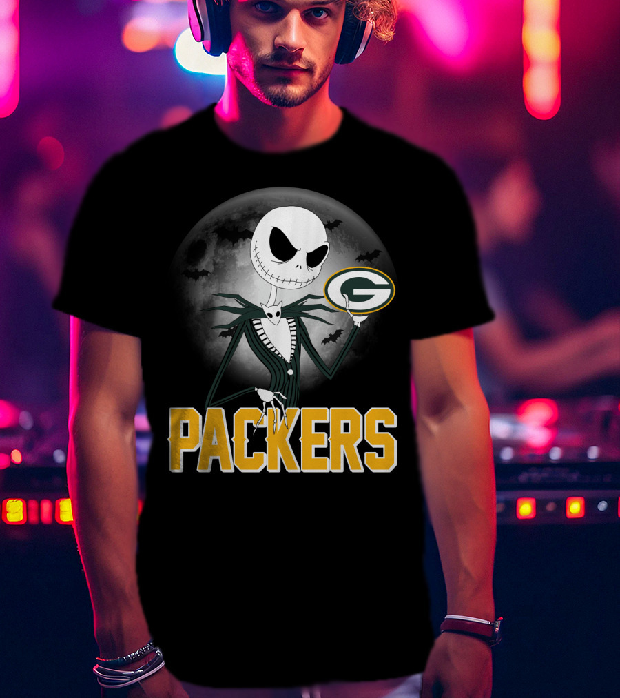 Jack Skellington Green Bay Packers Halloween Moon Bats T-Shirt