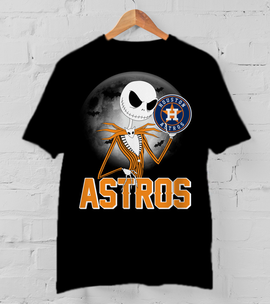 Jack Skellington Holding Houston Astros Logo With Halloween Bats T-Shirt