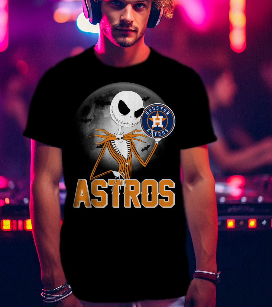 Jack Skellington Holding Houston Astros Logo With Halloween Bats T-Shirt