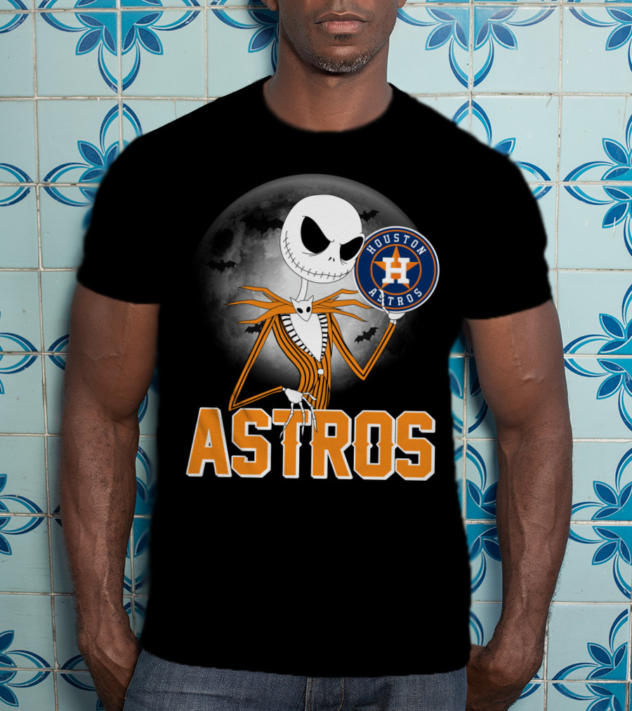 Jack Skellington Holding Houston Astros Logo With Halloween Bats T-Shirt