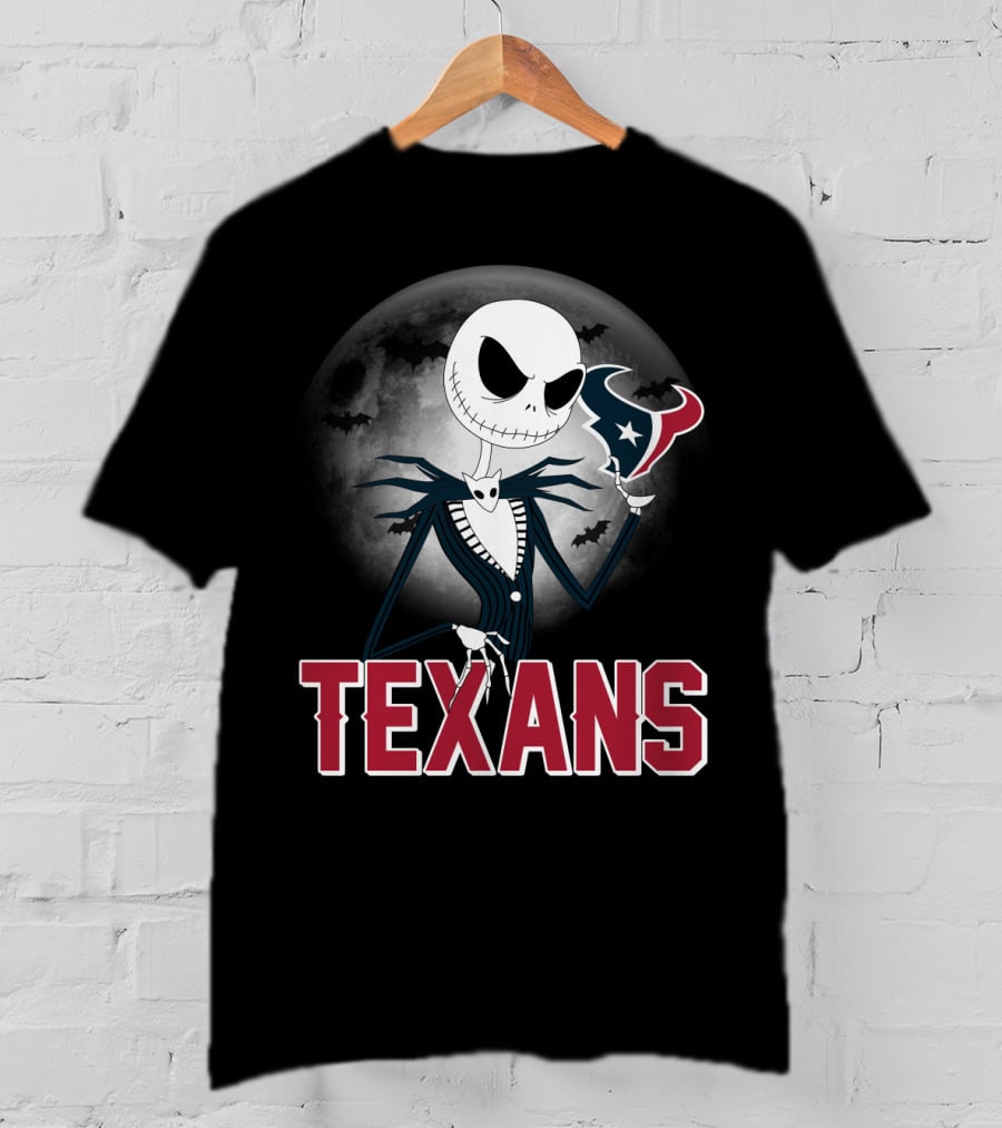 Jack Skellington Holding Houston Texans Logo With Moon And Bats T-Shirt