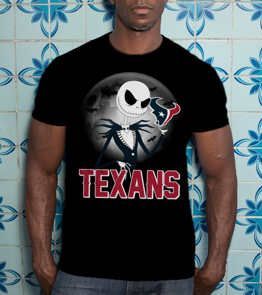 Jack Skellington Holding Houston Texans Logo With Moon And Bats T-Shirt