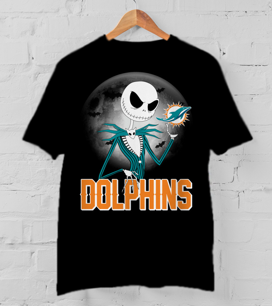Jack Skellington Dolphins Halloween Miami Logo Moon T-Shirt