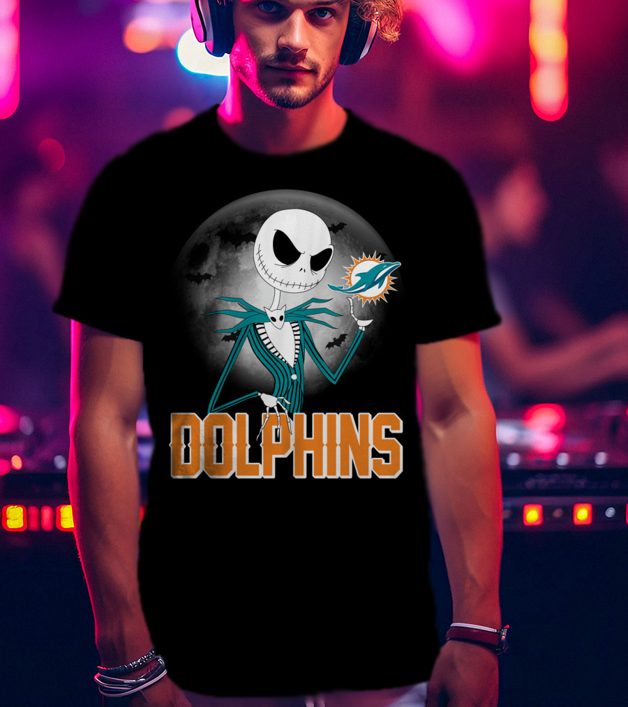 Jack Skellington Dolphins Halloween Miami Logo Moon T-Shirt
