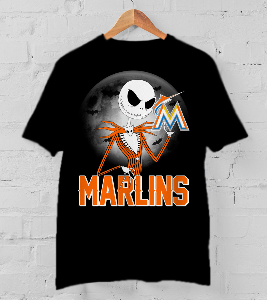 Jack Skellington Miami Marlins Halloween Moon Bat T-Shirt