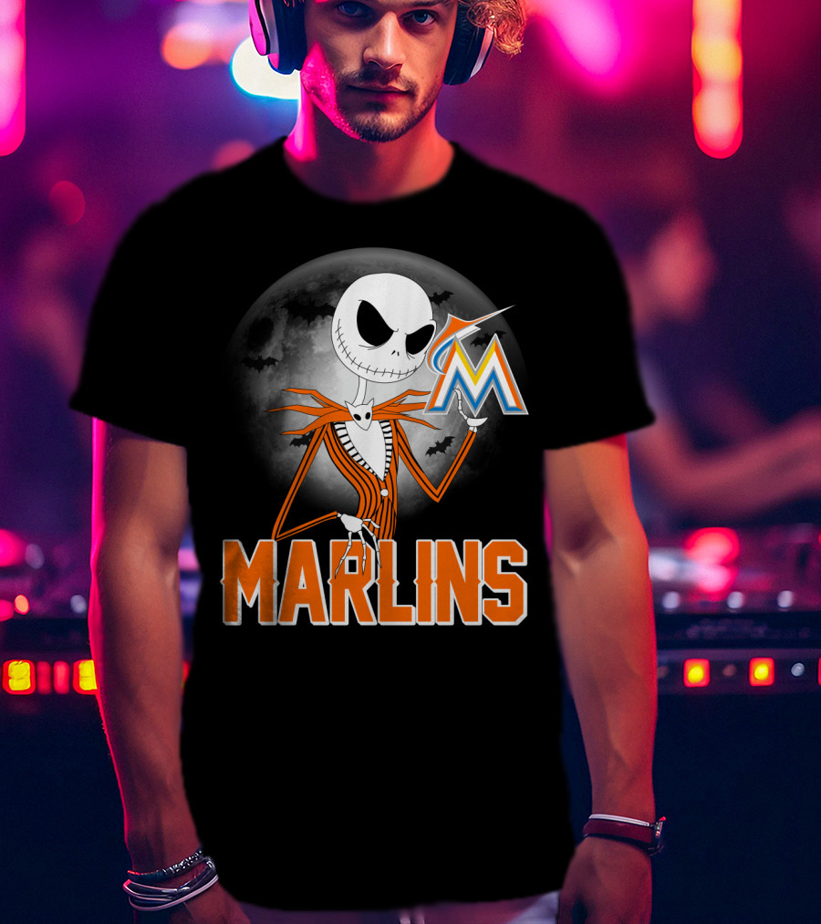Jack Skellington Miami Marlins Halloween Moon Bat T-Shirt