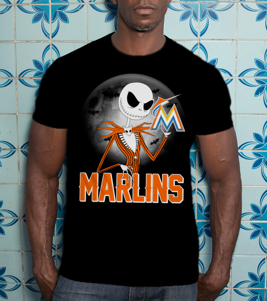Jack Skellington Miami Marlins Halloween Moon Bat T-Shirt