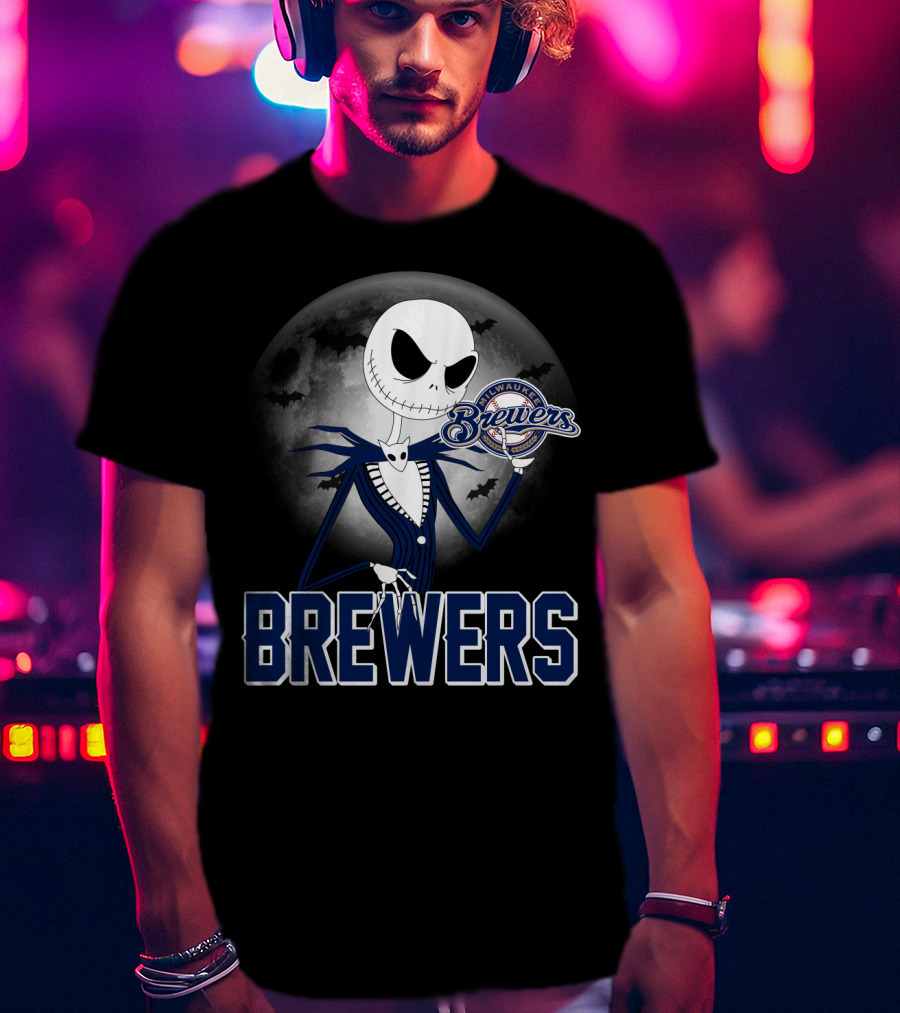 Jack Skellington Halloween Milwaukee Brewers Moon Bats T-Shirt