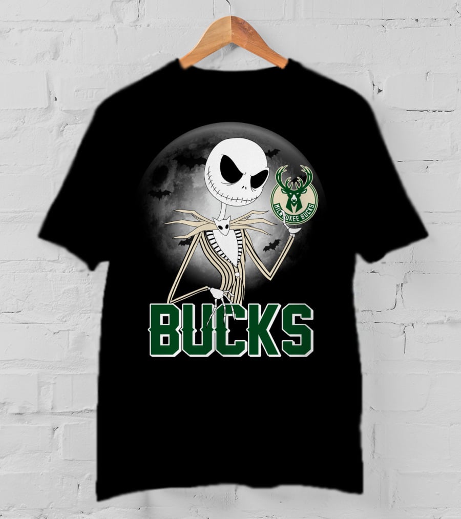 Jack Skellington Halloween Milwaukee Bucks Moon Bats T-Shirt