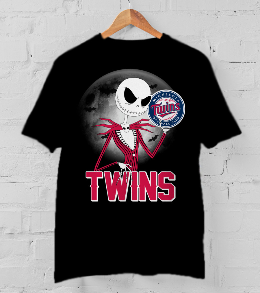 Jack Skellington Halloween Holding Minnesota Twins Baseball Club Logo With Full Moon And Bats In Background T-Shirt