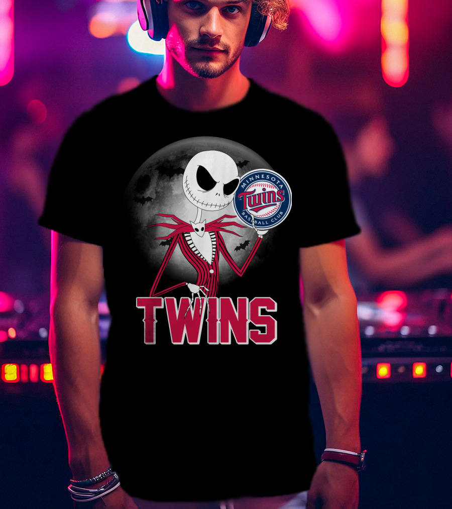 Jack Skellington Halloween Holding Minnesota Twins Baseball Club Logo With Full Moon And Bats In Background T-Shirt