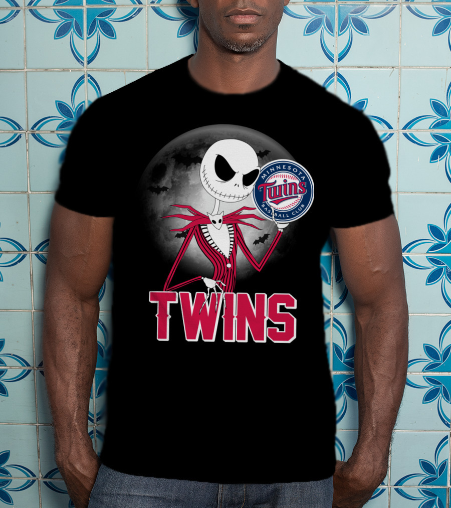 Jack Skellington Halloween Holding Minnesota Twins Baseball Club Logo With Full Moon And Bats In Background T-Shirt