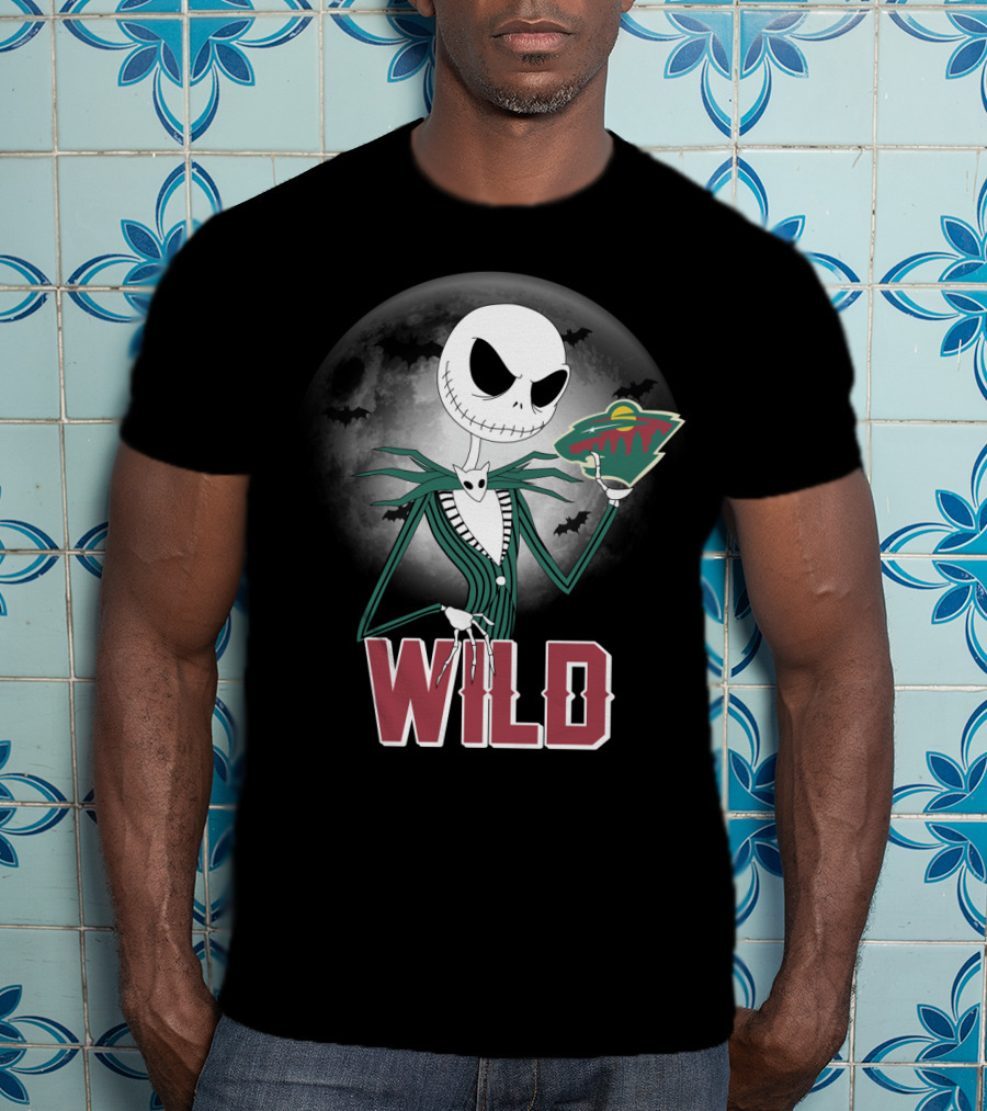 Jack Skellington Halloween Moon And Minnesota Wild Logo Spooky T-Shirt