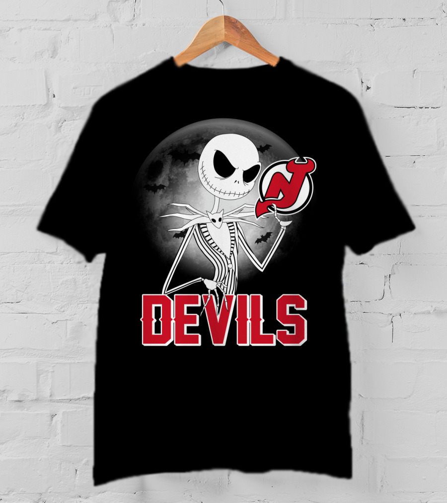 Jack Skellington Halloween Meets New Jersey Devils Moonlit Night T-Shirt