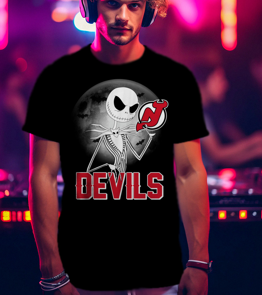 Jack Skellington Halloween Meets New Jersey Devils Moonlit Night T-Shirt
