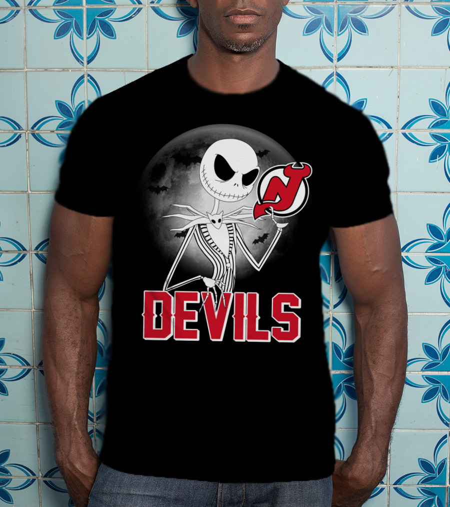 Jack Skellington Halloween Meets New Jersey Devils Moonlit Night T-Shirt