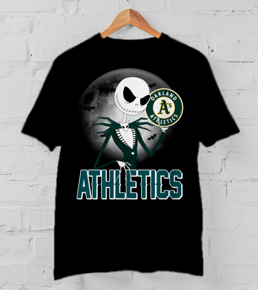 Jack Skellington Holding Oakland Athletics Logo With Halloween Moon And Bats T-Shirt