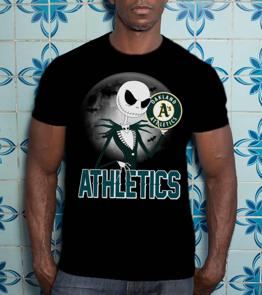 Jack Skellington Holding Oakland Athletics Logo With Halloween Moon And Bats T-Shirt