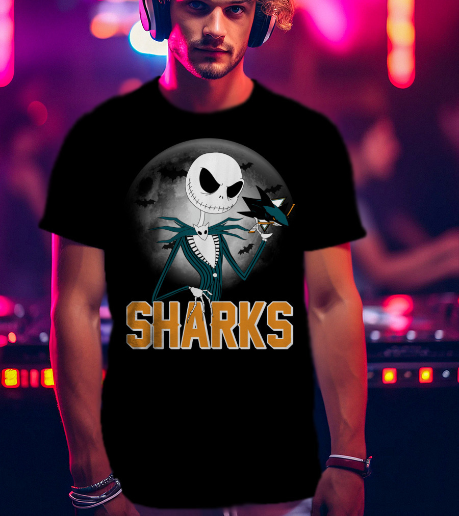 Jack Skellington San Jose Sharks Halloween Moon Background T-Shirt