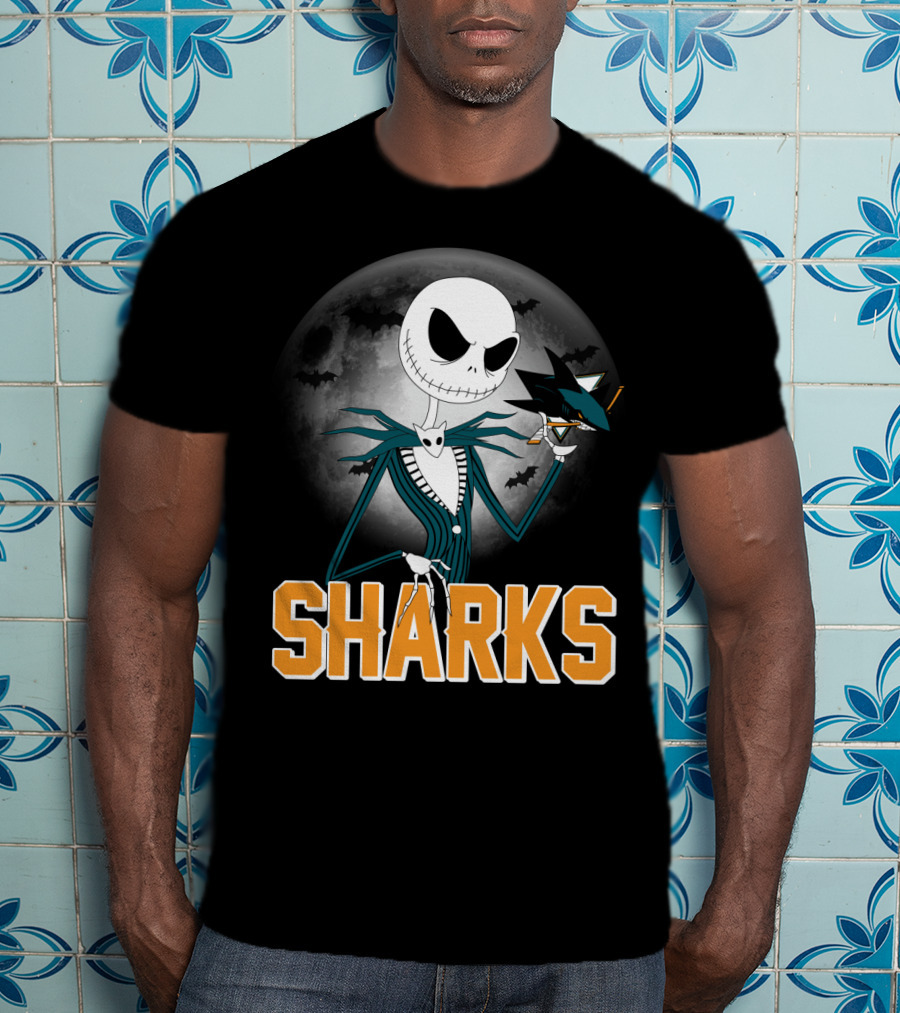 Jack Skellington San Jose Sharks Halloween Moon Background T-Shirt