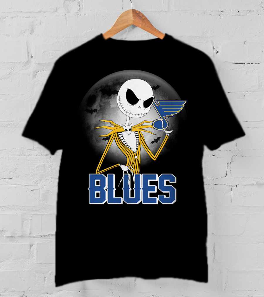 Jack Skellington Holding St. Louis Blues Logo With Halloween Moon Background T-Shirt
