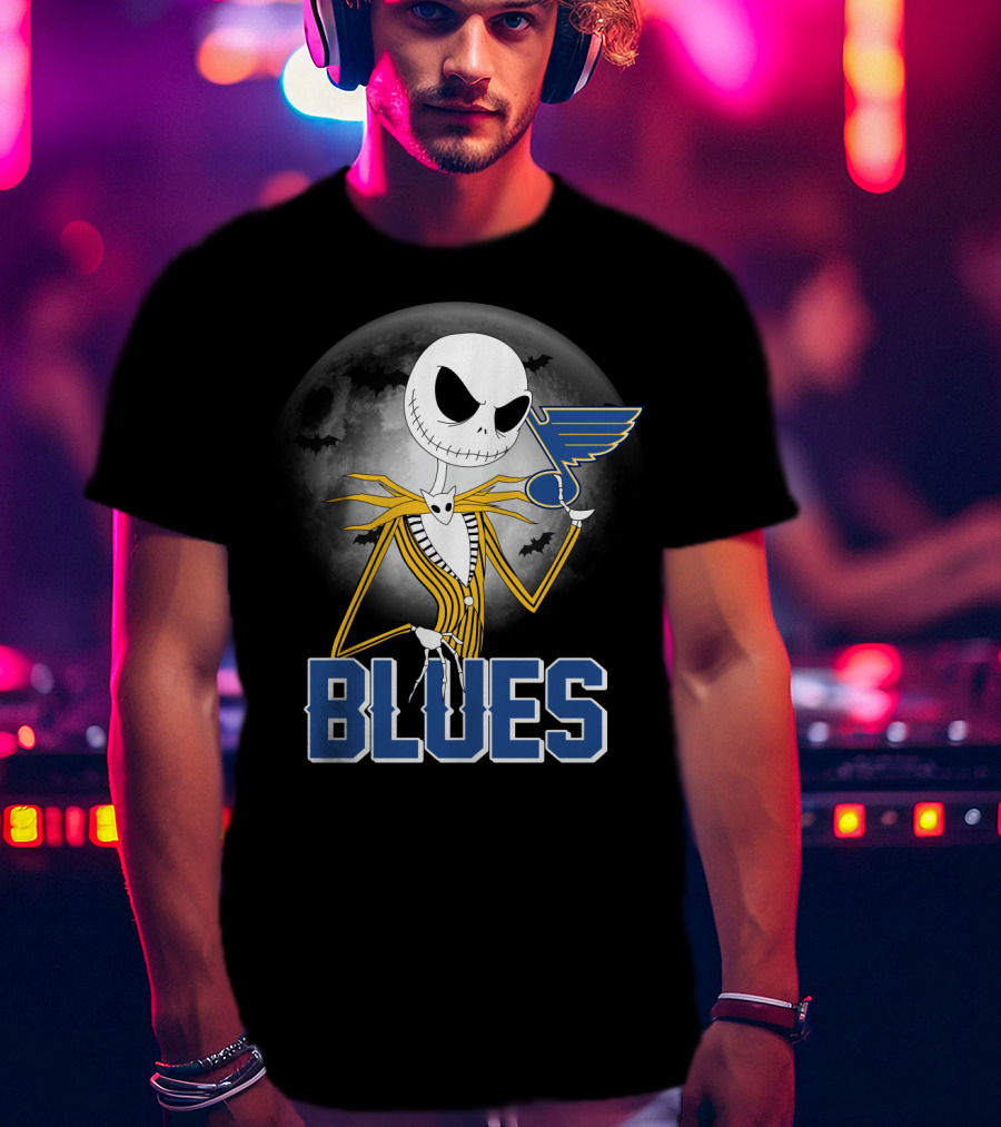 Jack Skellington Holding St. Louis Blues Logo With Halloween Moon Background T-Shirt
