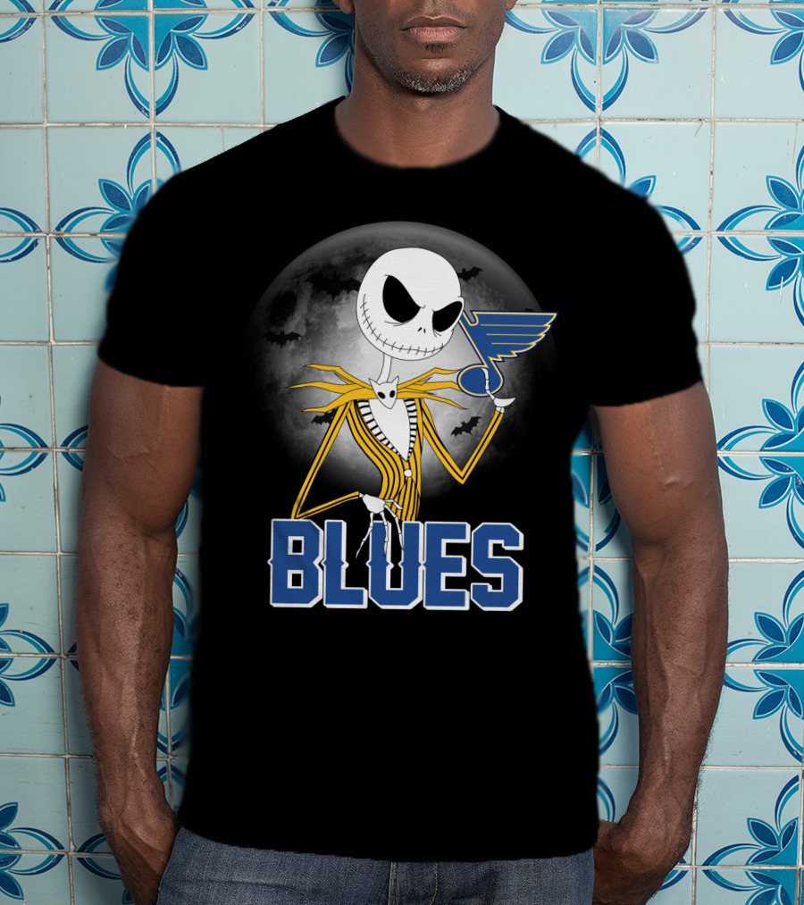 Jack Skellington Holding St. Louis Blues Logo With Halloween Moon Background T-Shirt