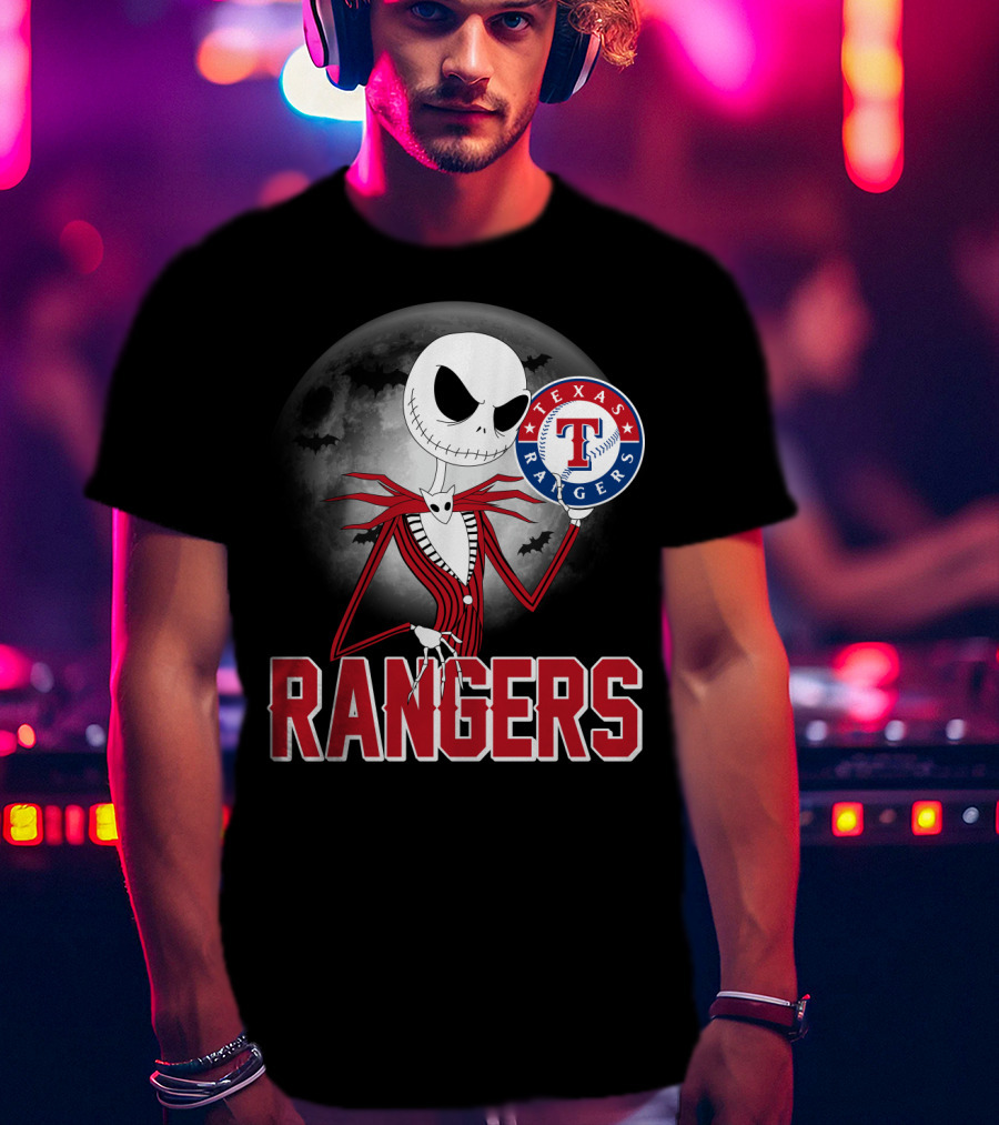 Jack Skellington Halloween Texas Rangers Baseball Moon T-Shirt
