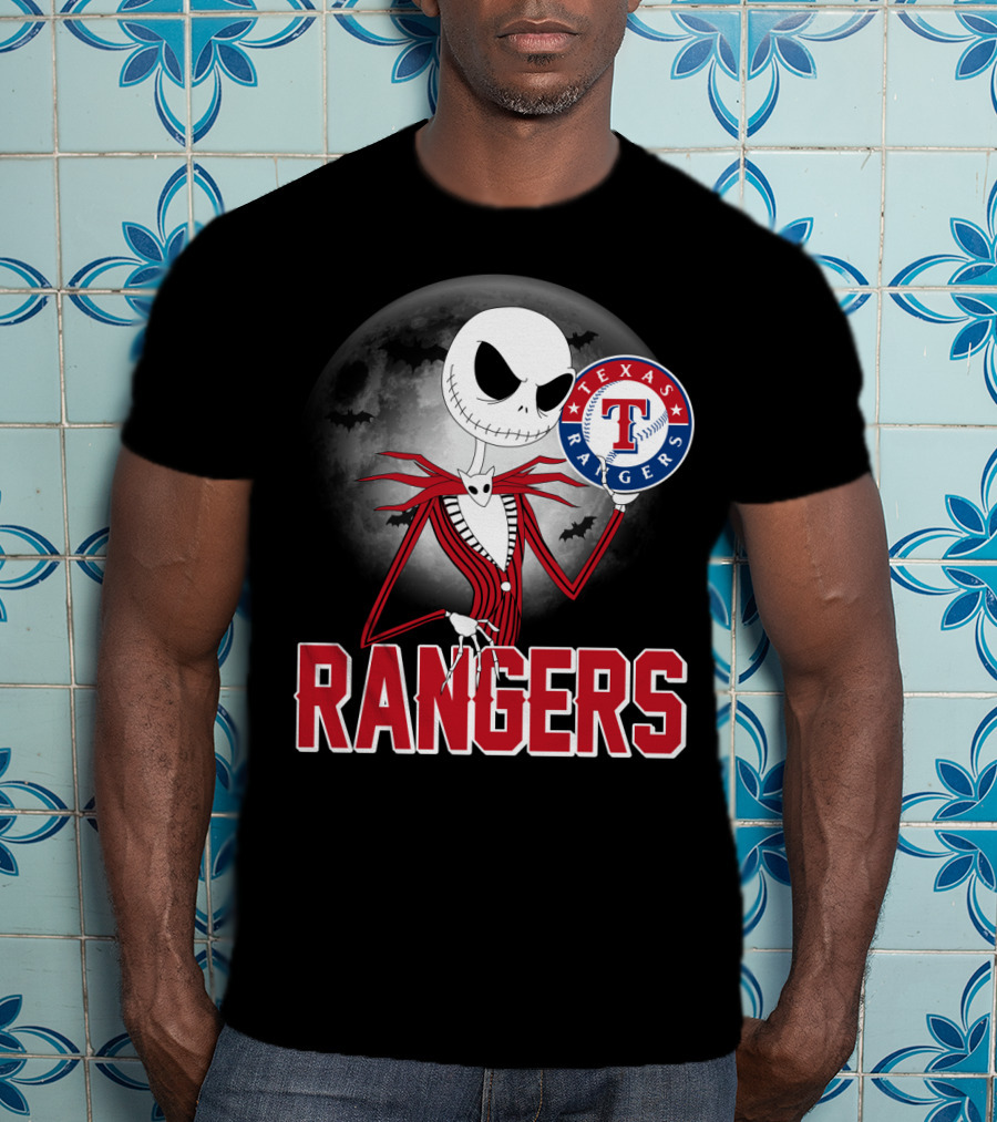 Jack Skellington Halloween Texas Rangers Baseball Moon T-Shirt